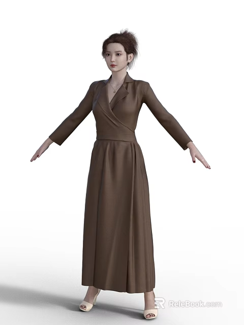 Woman in Elegant Brown Long Sleeve V Neck Fitted Waist Dress Standing Pose 3d model 