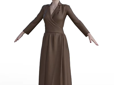 Woman in Elegant Brown Long Sleeve V Neck Fitted Waist Dress Standing Pose 3d model