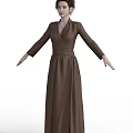 Woman in Elegant Brown Long Sleeve V Neck Fitted Waist Dress Standing Pose