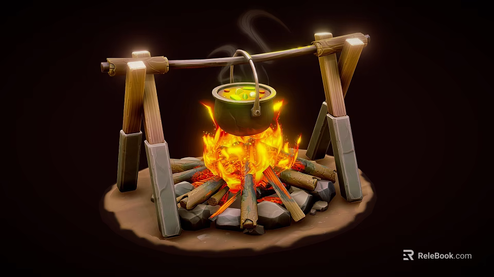 Cartoon Scene With Hanging Cauldron Over Burning Bonfire And Wooden Frame 3d model 