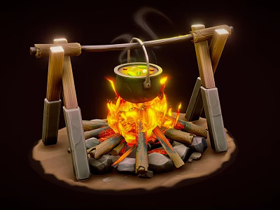 Cartoon Scene With Hanging Cauldron Over Burning Bonfire And Wooden Frame 3d model