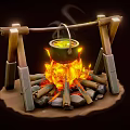 Cartoon Scene With Hanging Cauldron Over Burning Bonfire And Wooden Frame