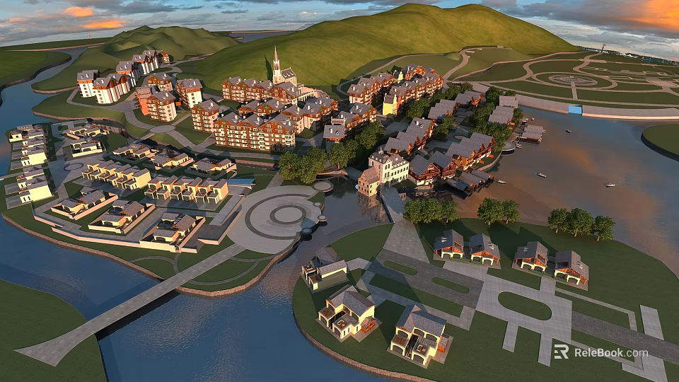 Aerial View Planning of Residential Community With Waterfront Area Green Hills and Road Layout 3d model 
