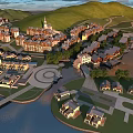 Aerial View Planning of Residential Community With Waterfront Area Green Hills and Road Layout