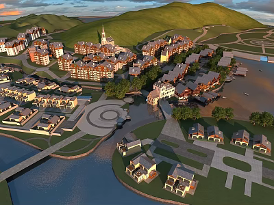 Aerial View Planning of Residential Community With Waterfront Area Green Hills and Road Layout 3d model