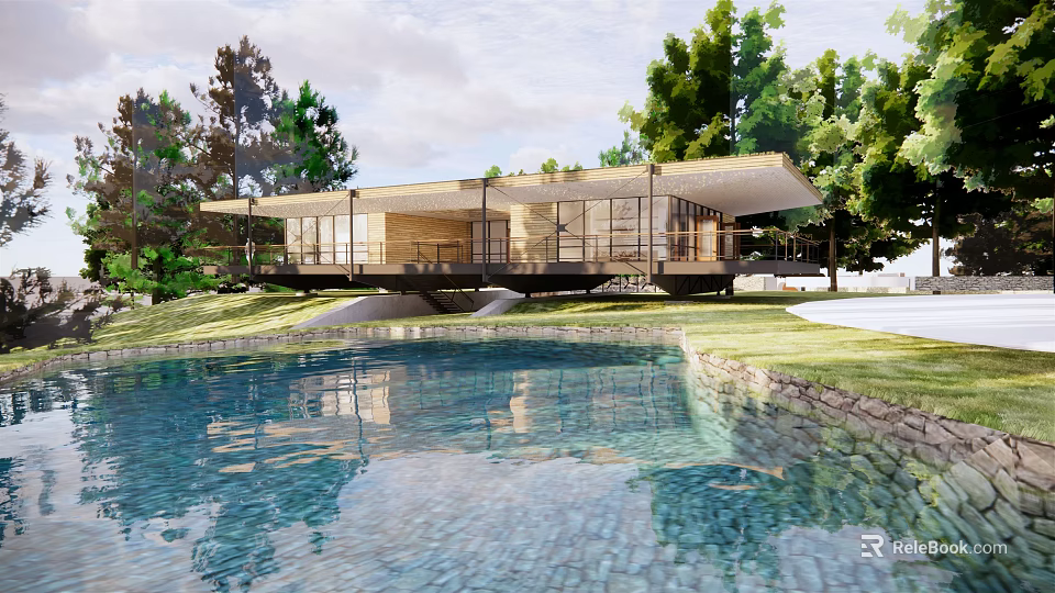 Modern Detached Villa With Flat Roof Swimming Pool And Surrounding Trees 3d model 