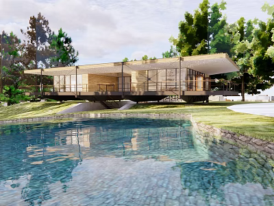 Modern Detached Villa With Flat Roof Swimming Pool And Surrounding Trees 3d model