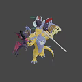 Game and Movie Dragon Characters with Yellow Purple Bodies Red Wings Staff and Pendant Ball