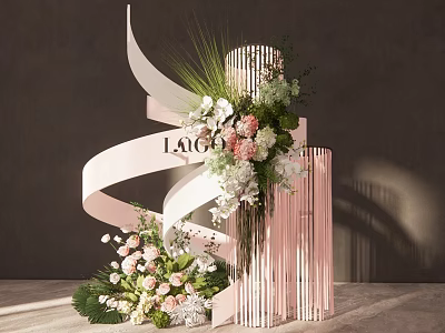 Elegant Floral Installation With Pink Spiral Structure LIGIA Lettering Pink White Green Blooms And Cylindrical Decor 3d model