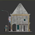 Traditional Shop House Model With Red Tiled Roof Signboards And Street Lamps