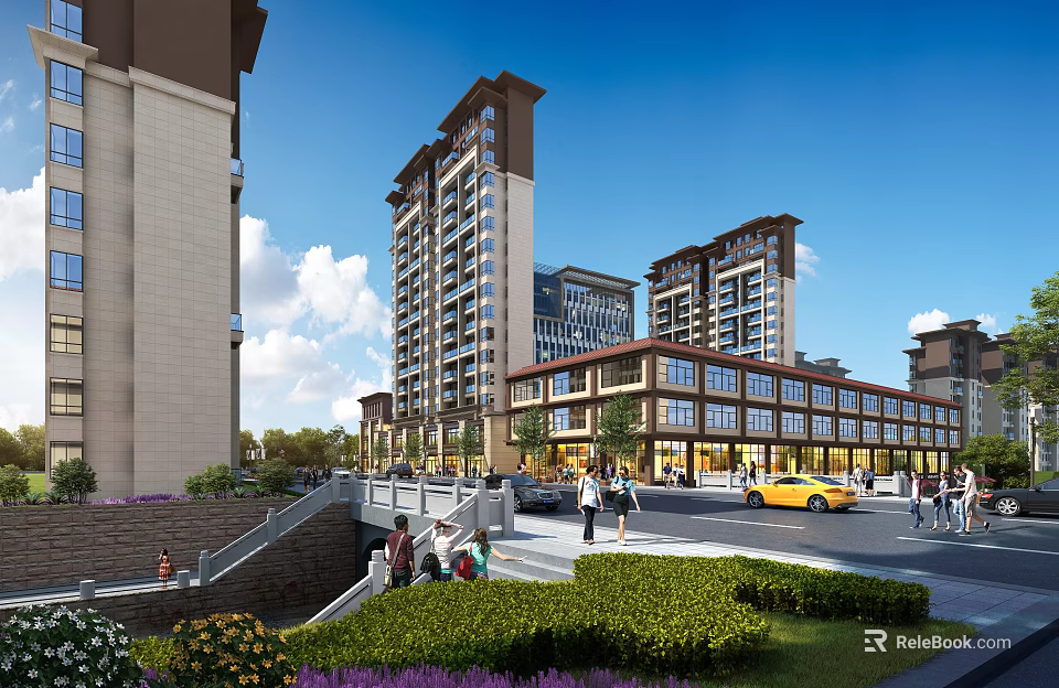 Bustling Commercial Street With Modern Multi story Buildings Pedestrians Greenery Vehicles And Shops 3d model 