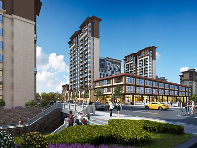 Bustling Commercial Street With Modern Multi story Buildings Pedestrians Greenery Vehicles And Shops 3d model
