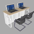 Office Desk With Two Laptops And Black Chair Wooden Top White Frame