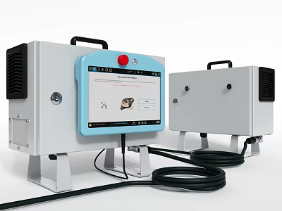 Dual Industrial Equipment With Blue Display Screen Red Button Black Handles And Connected Cables 3d model