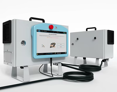 Dual Industrial Equipment With Blue Display Screen Red Button Black Handles And Connected Cables 3d model