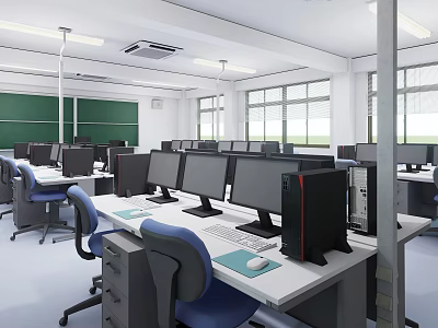 Modern Computer Classroom Interior With Neat Desks Computers Green Blackboard Windows And Lighting 3d model