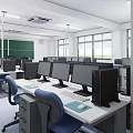 Modern Computer Classroom Interior With Neat Desks Computers Green Blackboard Windows And Lighting 3d model