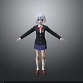 3D Anime Character with Light Blue Hair Black Coat Blue Skirt White Stockings Red Shoes