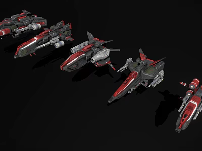 Sleek Red And Black Fighter Jets With Advanced Design Features Arranged In Lineup 3d model
