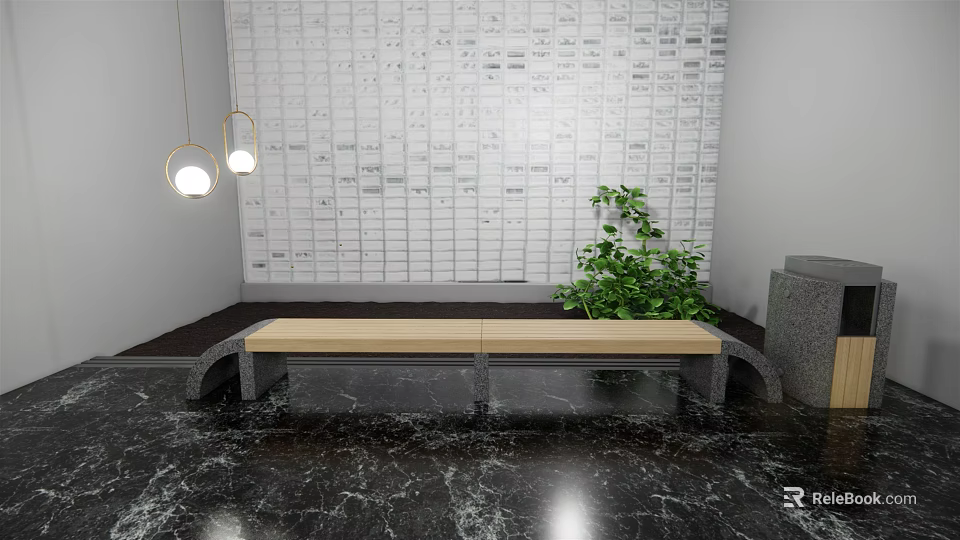 Public Bench With Wooden Seat Hanging Lights Green Plant And Grid Patterned Wall 3d model 
