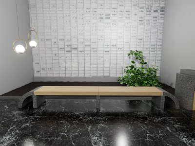Public Bench With Wooden Seat Hanging Lights Green Plant And Grid Patterned Wall 3d model