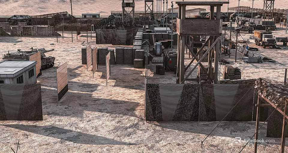 Military Training Ground With Obstacles Wooden Crates Sandbags Watchtower And Sandy Ground 3d model 