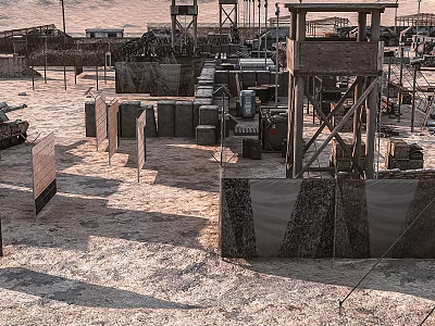 Military Training Ground With Obstacles Wooden Crates Sandbags Watchtower And Sandy Ground 3d model