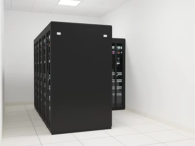 Black Modern Server Racks In Data Center Room With Display Panels And White Tiled Floor 3d model