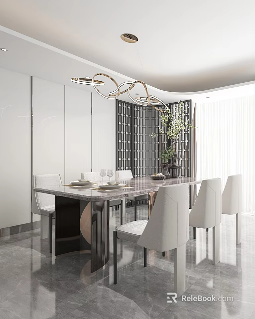 Modern Restaurant Interior With Marble Dining Table White Chairs And Contemporary Pendant Light 3d model 