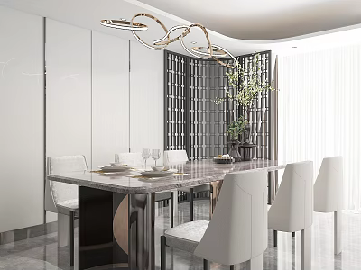 Modern Restaurant Interior With Marble Dining Table White Chairs And Contemporary Pendant Light 3d model