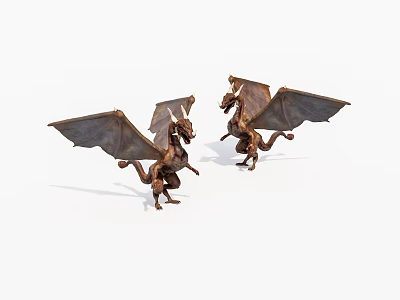 Two Detailed Brown Winged Dragons Model Standing With Spread Wings 3d model