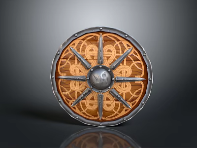Viking Shield Weapon Design With Wooden Surface Metal Rim And Traditional Braided Patterns 3d model
