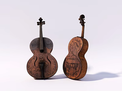 Handcrafted Wooden Violins with Intricate Carved Designs and Artistic Decorative Details 3d model