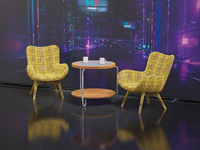 Two Yellow Woven Chairs And Small Round Table In Modern Indoor Setting With Lit Background 3d model