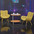 Two Yellow Woven Chairs And Small Round Table In Modern Indoor Setting With Lit Background