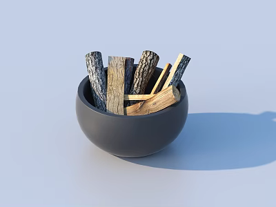 Black Bowl With Natural Stacked Firewood Logs For Home Fireplace 3d model