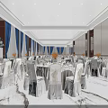 Elegant Banquet Hall With Marble Floor White Tables And Blue Curtains