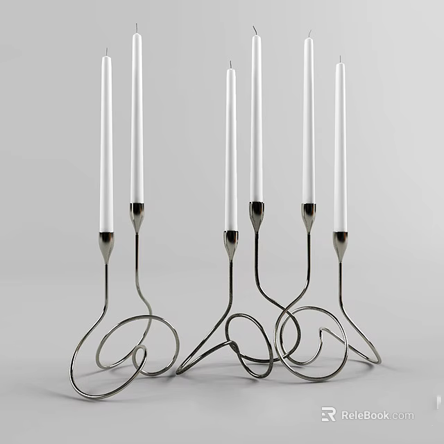 Decorative Modern Metal Candle Holders With White Candles And Curved Design Stands 3d model 