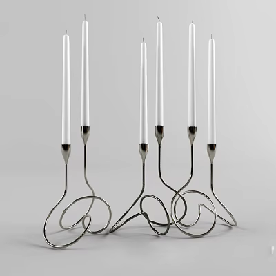 Decorative Modern Metal Candle Holders With White Candles And Curved Design Stands 3d model