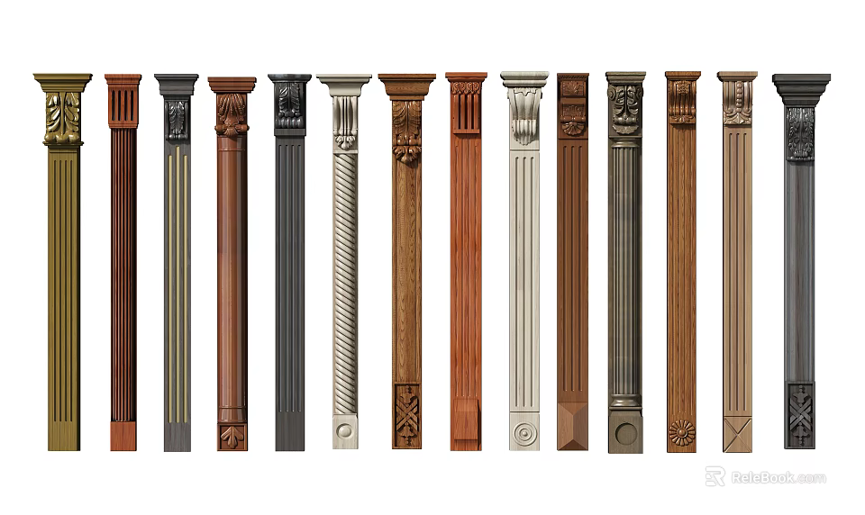 Decorative Roman Columns Featuring Various Colors Materials And Carved Patterns 3d model