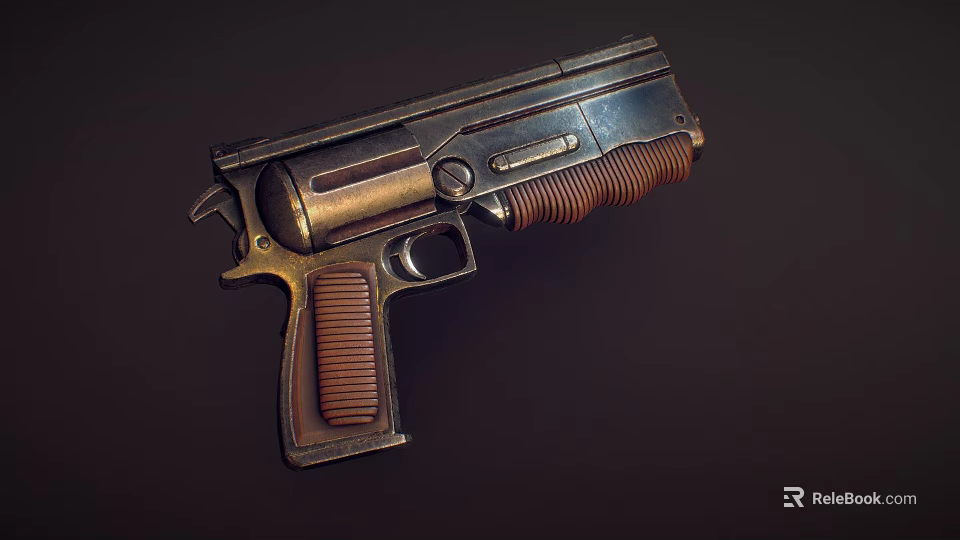Classic Industrial Design Metal Pistol With Brown Striped Grip And Metallic Body Finish 3d model 
