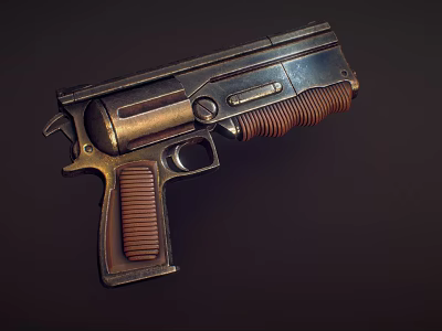 Classic Industrial Design Metal Pistol With Brown Striped Grip And Metallic Body Finish 3d model