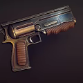 Classic Industrial Design Metal Pistol With Brown Striped Grip And Metallic Body Finish