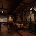 Artistic Bar Interior With Bar Counter Wine Racks Hanging Lights Colorful Mural And Barrel Tables