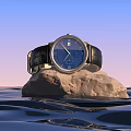 Elegant Luxury Watch Resting on Rock Over Water Surface with Gradient Blue Pink Sky