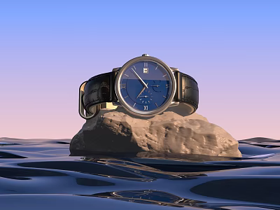 Elegant Luxury Watch Resting on Rock Over Water Surface with Gradient Blue Pink Sky 3d model