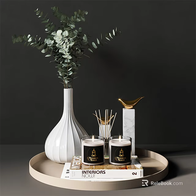 Decorative Ornament Set With White Vase Green Eucalyptus Black Candles Gold Bird And Marble Base 3d model 