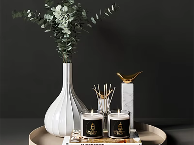 Decorative Ornament Set With White Vase Green Eucalyptus Black Candles Gold Bird And Marble Base 3d model