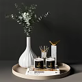 Decorative Ornament Set With White Vase Green Eucalyptus Black Candles Gold Bird And Marble Base