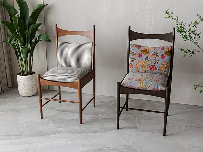 Stylish Dining Chairs With Checkered And Floral Cushions Wooden Frame And Green Plants 3d model
